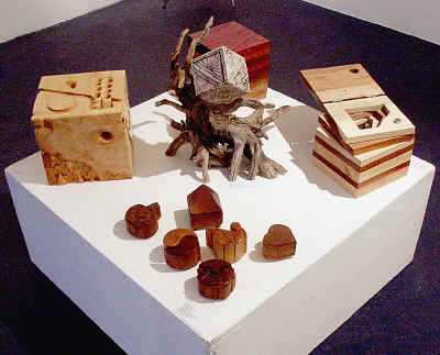 Donald Ricker cedar boxes, Wendell Brower Mask Cube Ashley D Kelley TreeHouse Wendelll Brower Woodgrain Self-Portrait